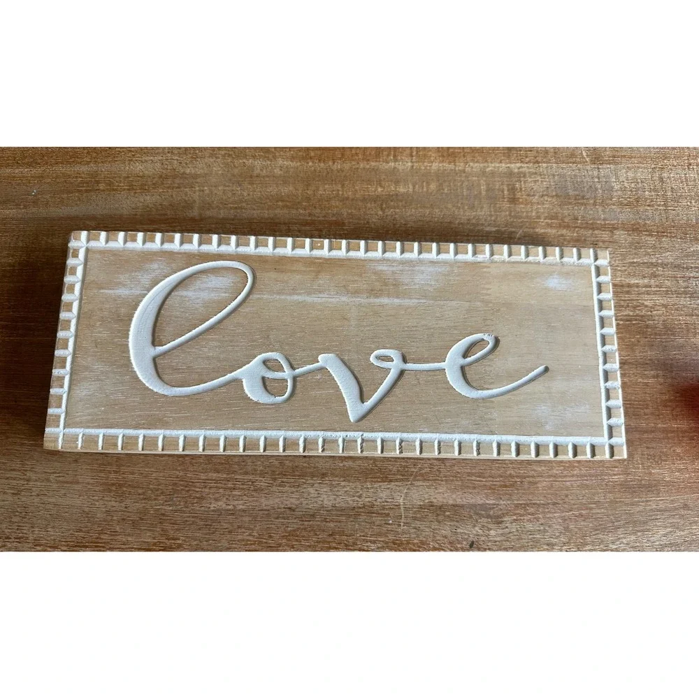 Rustic Wood Love Wall Sign Farmhouse Cursive Script Plaque White Natural 16x7